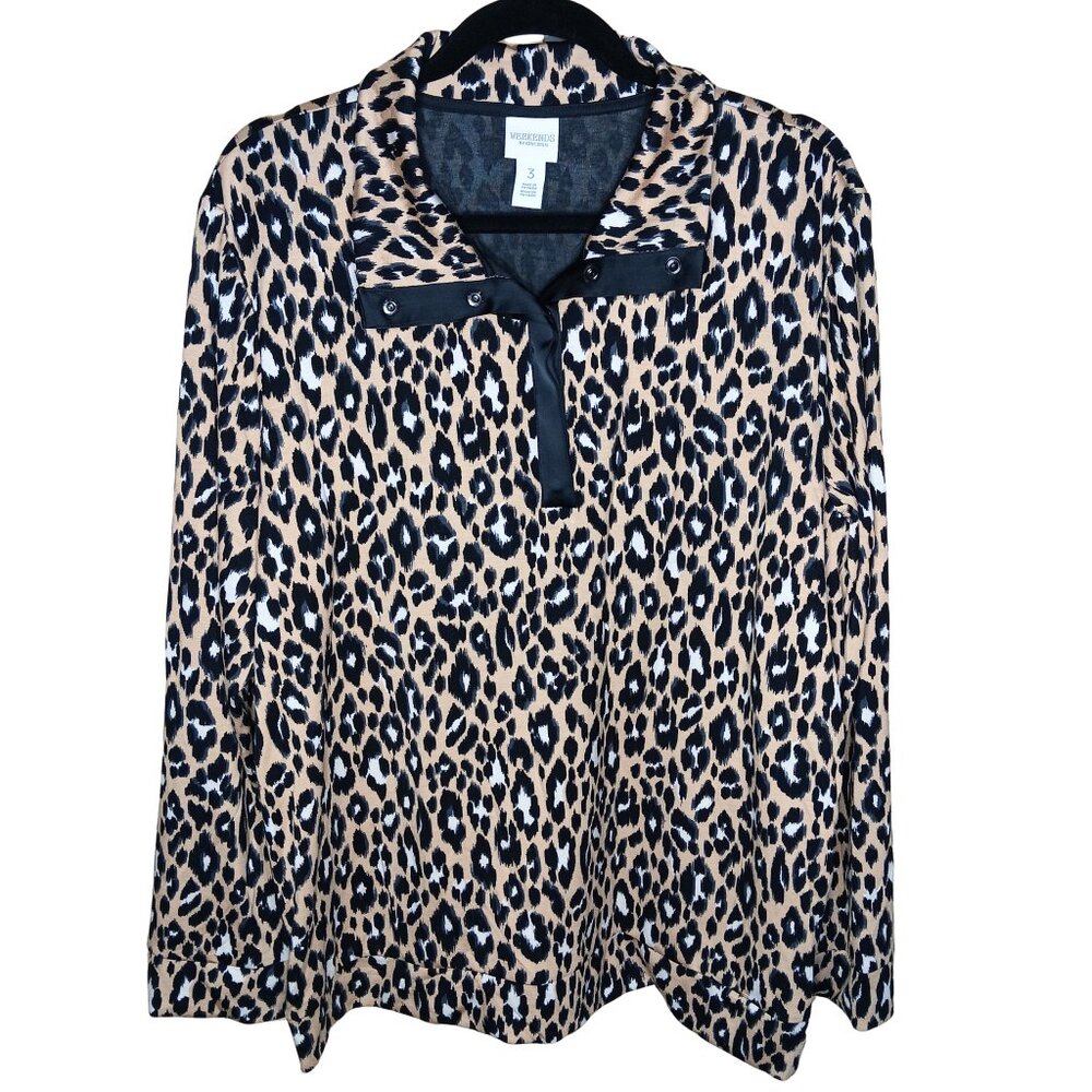 Weekenders by Chico's Leopard Tunic Satin Collared Polo Long Sleeve Rayon XL
